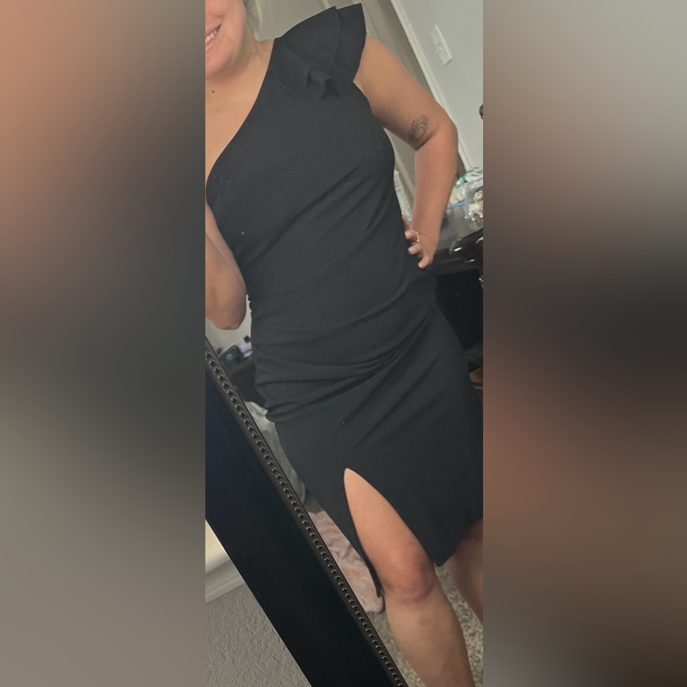 Black Polyester Cocktail Dress One Shoulder w/ Slit